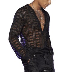 Men’s V-Neck Lace Long Sleeved T-Shirt with Transparent Mesh Elastic Shirt Base