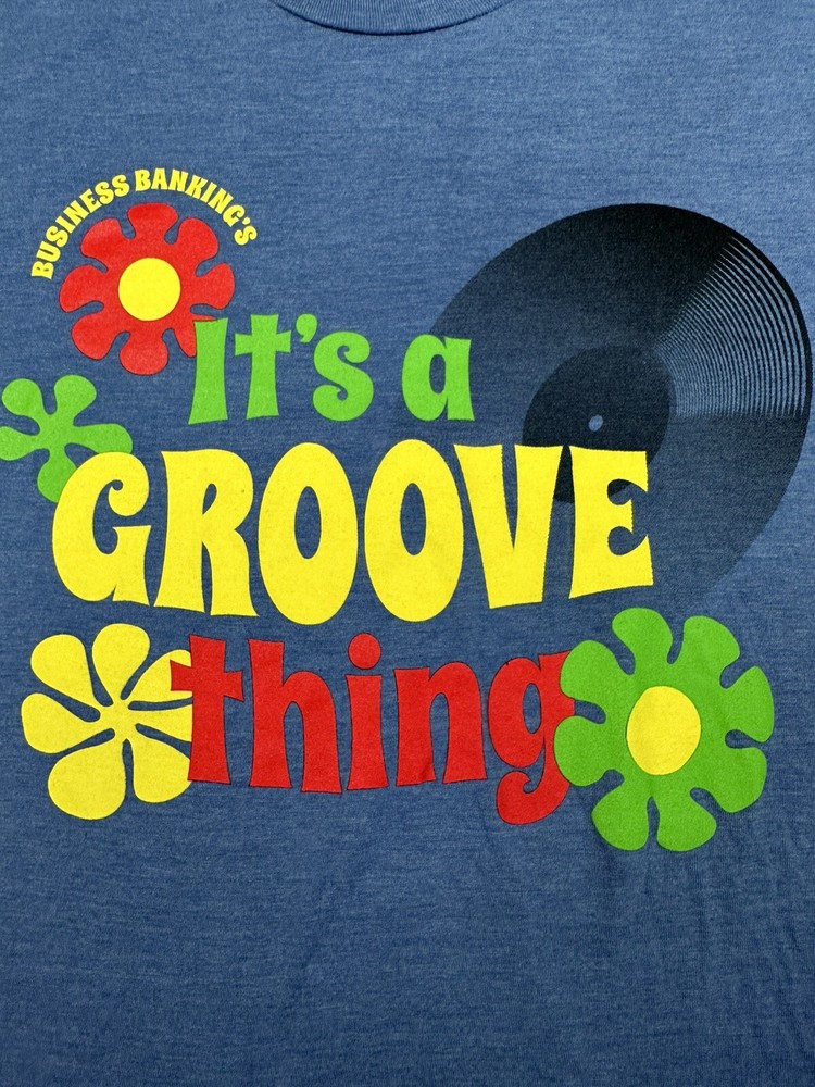 District Made Mens Graphics Tee “It’s a Groove Thing” Size XLarge Blue XL