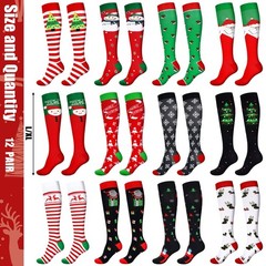 Christmas Athletic Knee High 1520 mmHg Compression Socks Men Women 12 Pairs