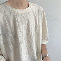 Men Retro Thin Short Sleeve Shirt Ripped Hollow Blouse American Style Tops Soft