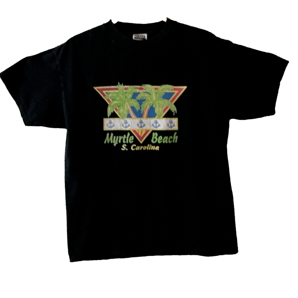 VTG Retro T-Shirt Black Sh Sl Preppy Logo MYRTLE BEACH S. Carolina Palm Tree LG