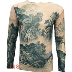 New China Landscape Painting Palace Tattoo T-Shirt Tattoo Tops Sport Plus Size