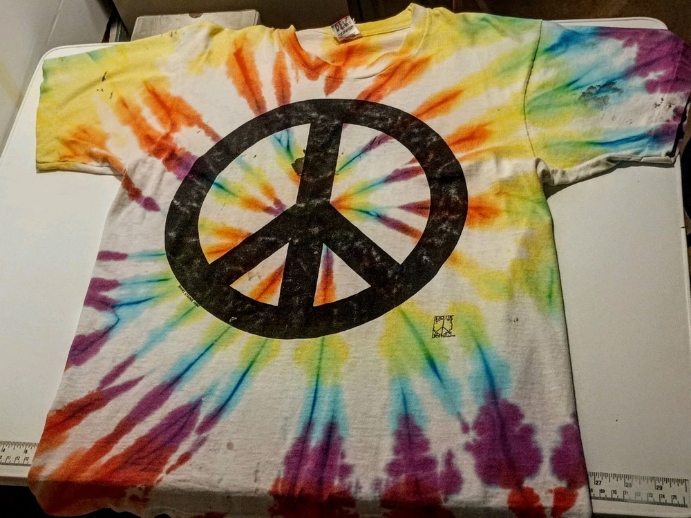 Peace Time Tie-Dye TShirt L Single Stitch Cotton T Shirt Stains 1990 Fruit Loom