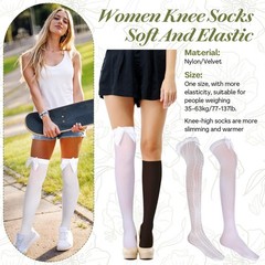 2 Pairs Thigh High Stockings Lace Satin Bow Stockings Women Tight Hosiery White