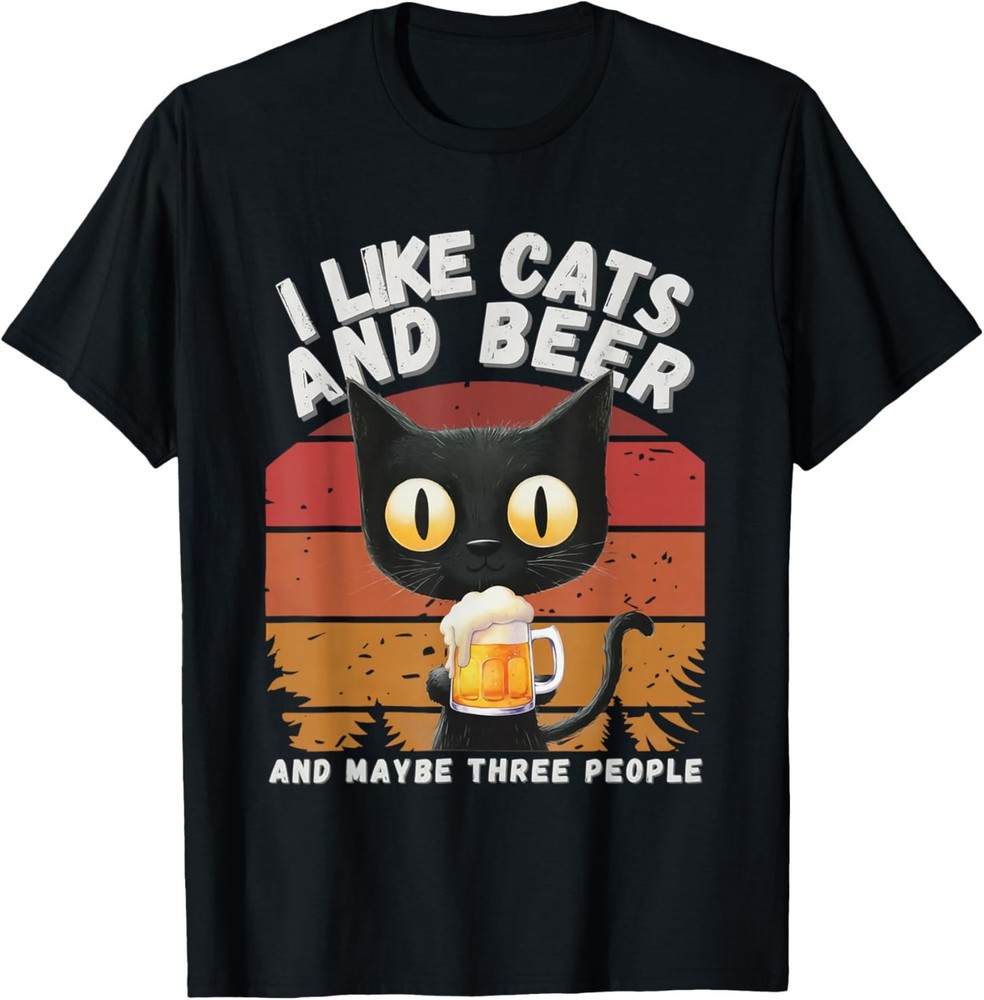 I Like Beer My Cat and Maybe 3 People Funny Black Cat Lovers T-Shirt