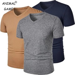 Summer Men Muscle V-Neck T-Shirt Ribbed Stretch Workout Gym Streetwear Tee Gift