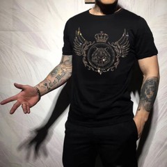 New Fashion Tiger Trend Rhinestones Summer Short Sleeve Luxury Men Black T-Shirt