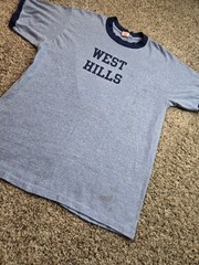Vintage Collegiate Pacific Shirt Large Blue Ringer Short Sleeve West Hills 70s