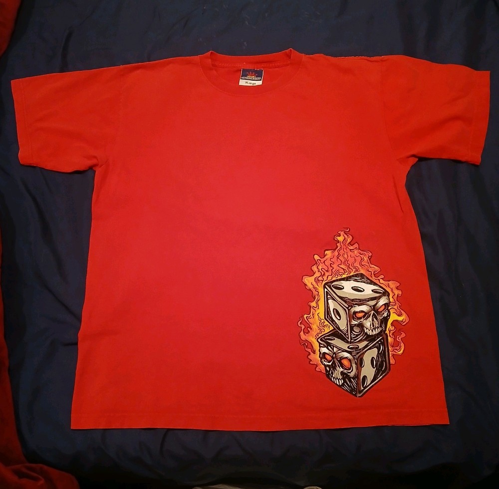 Vintage JNCO T-Shirt Red Flaming Skull Dice Graphic Y2K Skate USA Mens XL