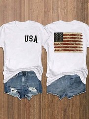 Women’s Short Sleeve T-Shirt With American Flag And Slogan Print Graphic Tees