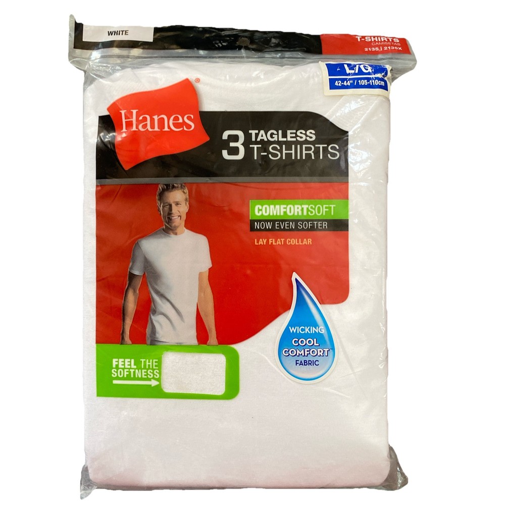 Hanes Men’s Large L Tagless T-Shirts Under Shirts White 3 Pack lay Flat Collar