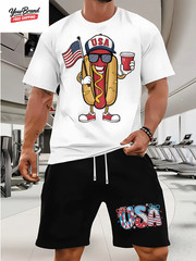 Fashion American Flag Graphic Print T-Shirt Shorts 2-Piece Set Casual Men’S USA