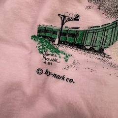 Rail Fair Sacramento Mens Vintage 90s Graphic Tee Size M Pink Train Engine 3751