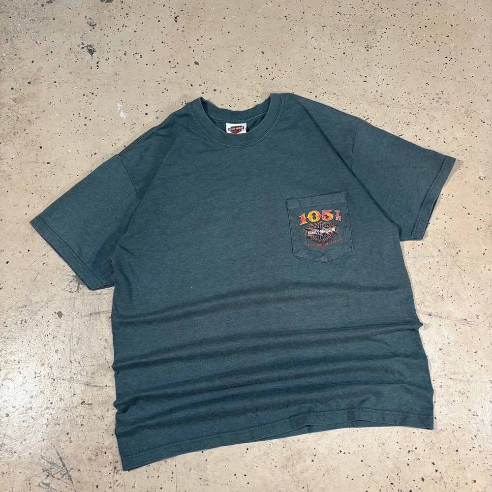 Vintage 2000s Harley-Davidson Green 105th Anniversary Pocket T-Shirt Size Large