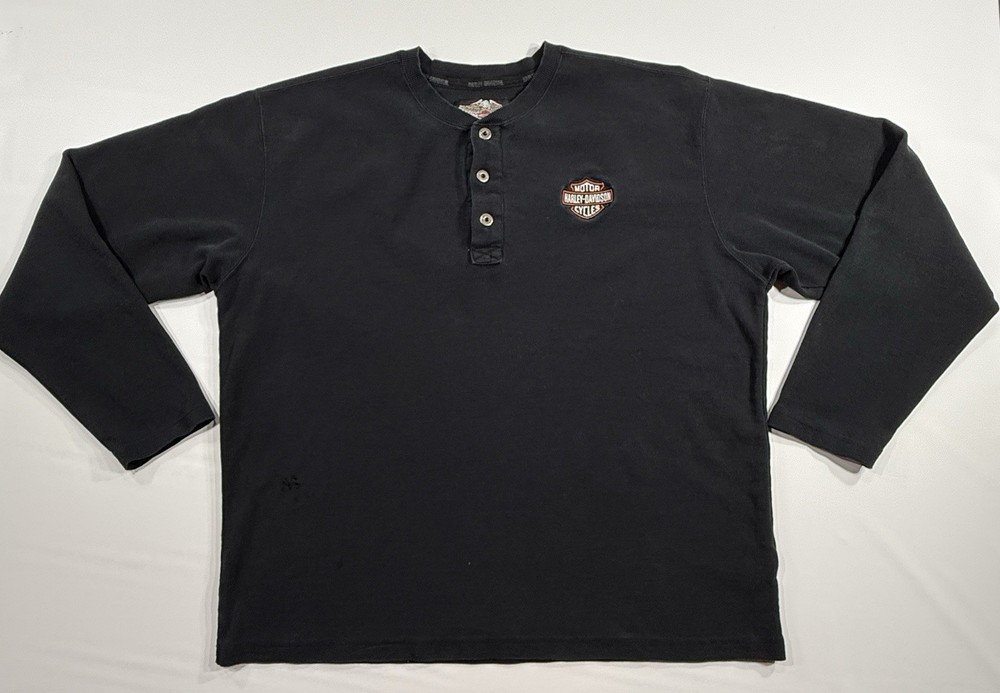 Vintage Harley Davidson Henley Shirt Mens XL 3 Button Wings Back Hit *See Pics