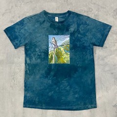 Graphic WHITE OWL & Forest Motif T Shirt Men Medium Teal Organic Cotton Tie-Dye