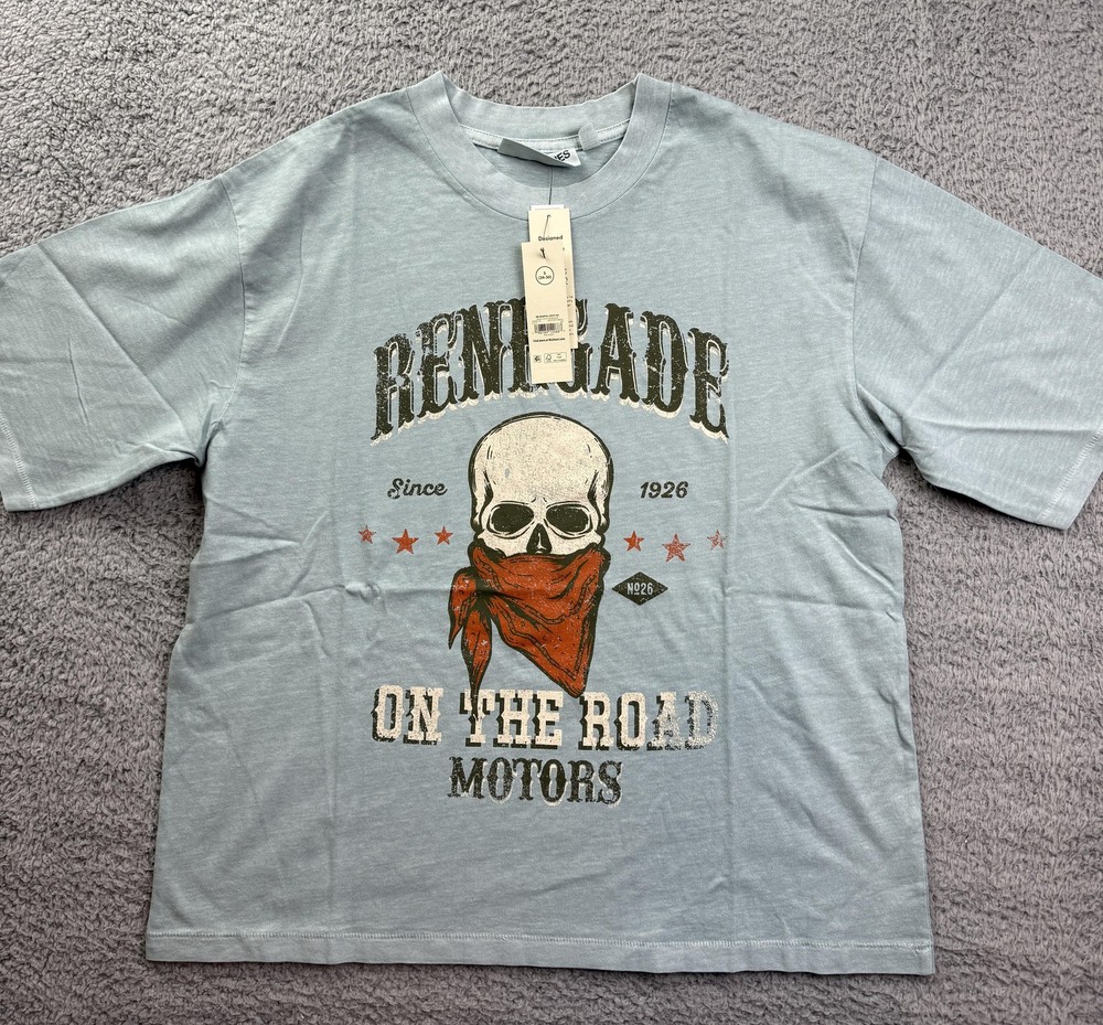 No Boundaries Shirt Mens Small Light Blue Renegade Skull Biker Graphic Tee Moto