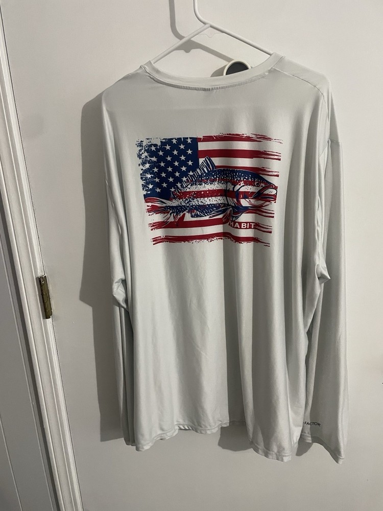 Habit Solar Factor T Shirt Long Sleeve Size 2XL White American Flag Back Good