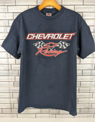 Vtg Chevrolet Racing T-Shirt Mens M Navy Blue Checkered Flags Bow Tie Y2K