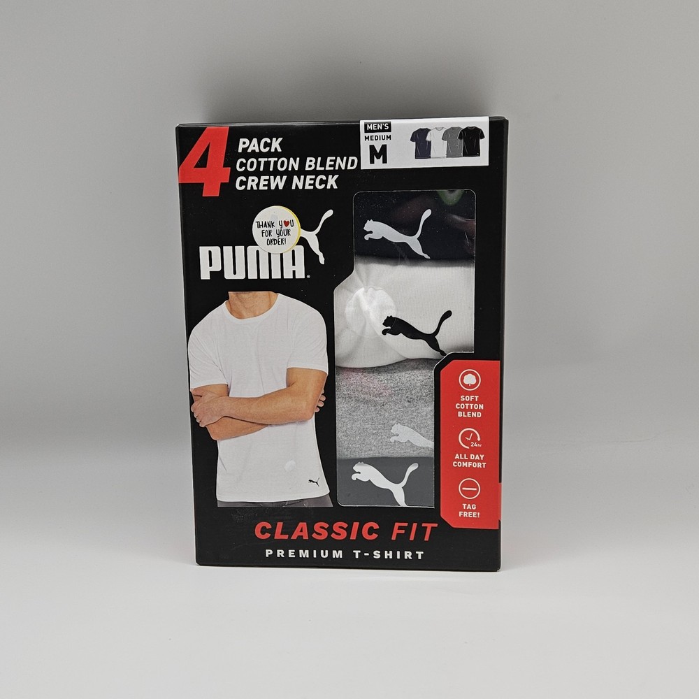 4 PACK PUMA Cotton Blend Crew Neck T Shirts Men’s S M L XL Black Navy White Gray