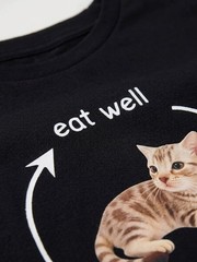Spring And Summer Casual Print T-Shirt, Black Dot Cat Expression Pattern Print