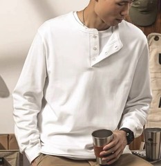 Mens Basic Style Heavyweight Solid Color Long Sleeve Henry Collar Casual T-shirt