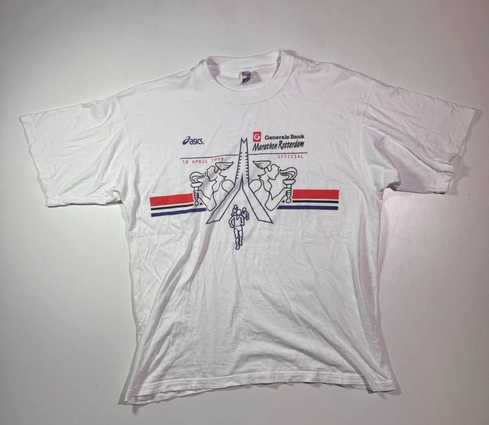 Vintage Asics Marathon Rotterdam 18th April 1999 White T-Shirt Mens Size Large