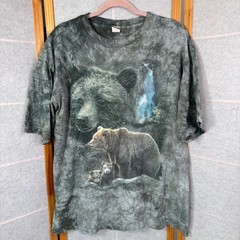 VTG Y2K Grizzly Bear Family Tie Dye T-Shirt Size L Green Gray Waterfall