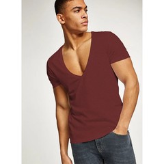 Men’s Deep V-Neck T-Shirt, Cotton Fitness Leisure Tops, Solid Color Europe Size