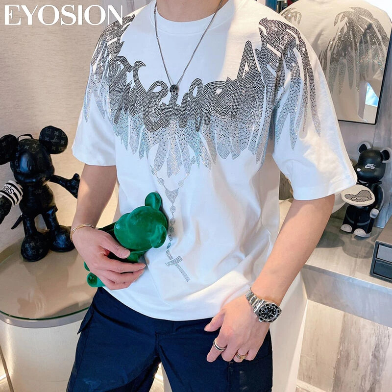 New Fashion Wings Trend Rhinestone Summer Short Sleeve Luxury Men Cotton T-Shirt