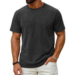 Men’s Vintage Washed Raglan Short Sleeve T-Shirt, Pocket Crew Neck Casual Tee