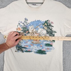 Vintage Cat Shirt Mens Large White Kittens Fishing Pond Graphic 90s Nature Cute