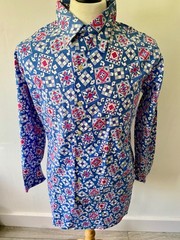 VTG mens 80’s LOTUS BLUE RETRO PATTERN LOOSE FIT LONG SLEEVED SHIRT 42″