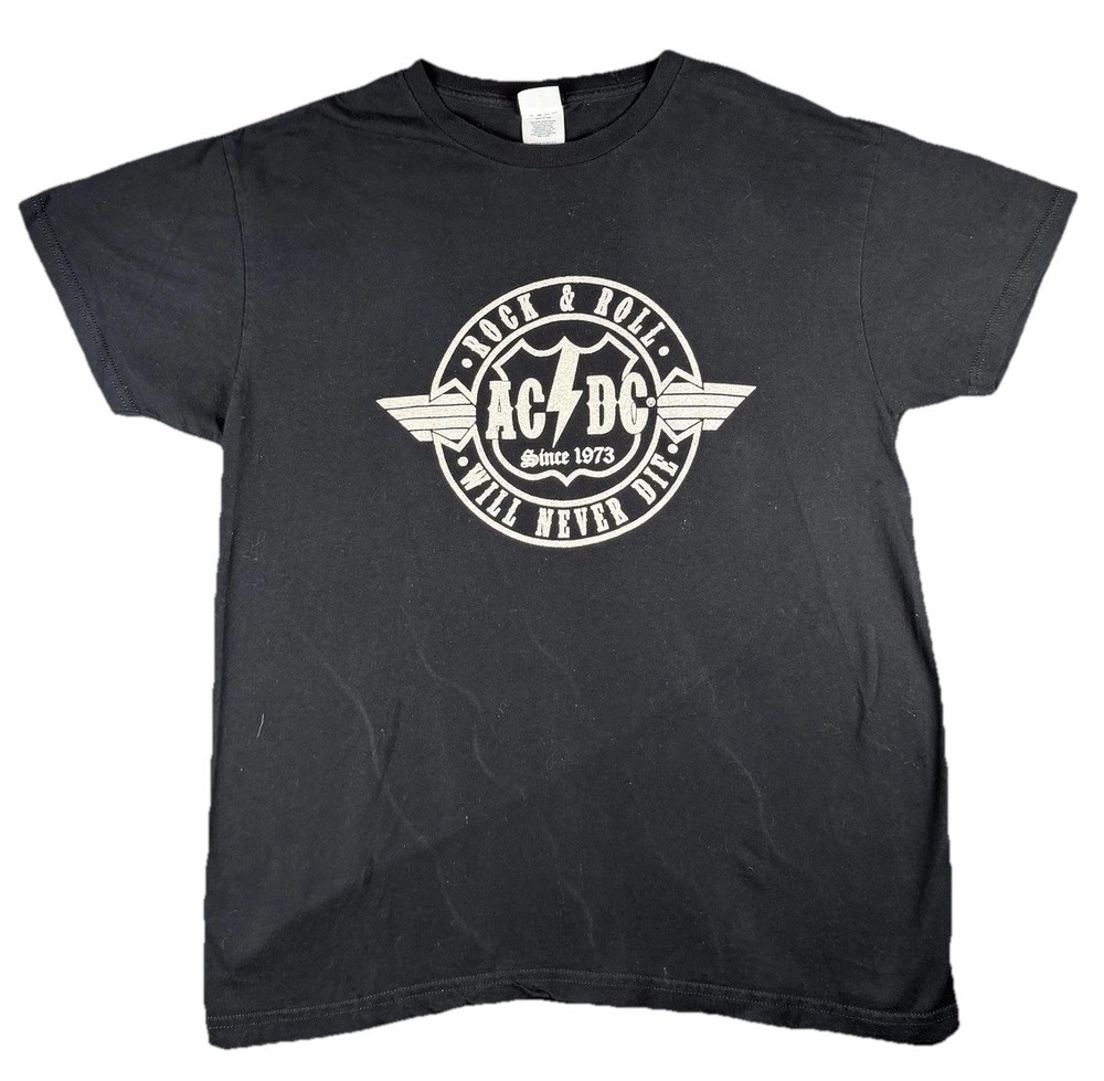 AC/DC Shirt Mens Large Black Rock & Roll Music Graphic Tee Bay Island Sportswear