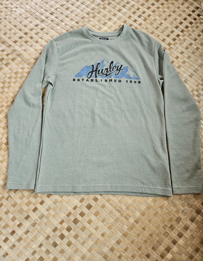 Hurley Thermal Shirt Mens Medium Green Long Sleeve Waffle Knit Surf Skate NEW
