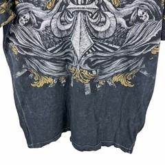 Mens Y2K Affliction Cross Wing Grunge Punk AOP Graphic Grey Shirt Size L