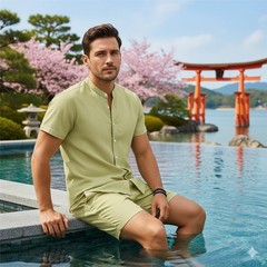 Men’s Casual Stand Collar Button Shirt and Shorts Set – Hawaiian Beach Vacati…