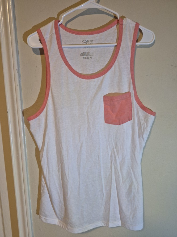 Blue Crown Men’s White Tank Top Pink Trim Pocket Scoop Neck Sleeveless S