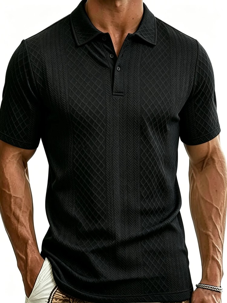 Men’s Diamond Pattern Textured Polo Shirt, Slim Fit Breathable Viscose Knit Shor