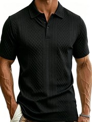 Men’s Diamond Pattern Textured Polo Shirt, Slim Fit Breathable Viscose Knit Shor