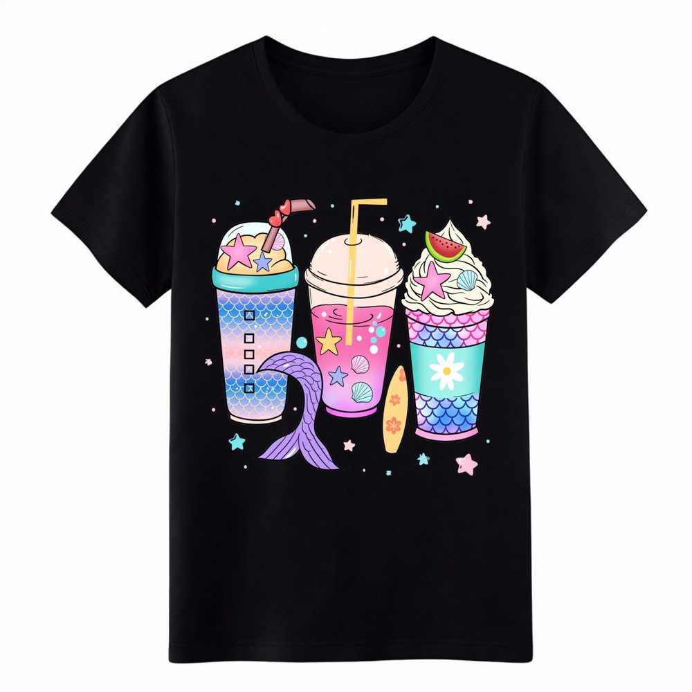 Mermaid Coffee Drinks T-Shirt | Cute Summer Beach Vibes Mermaid Tail Tee