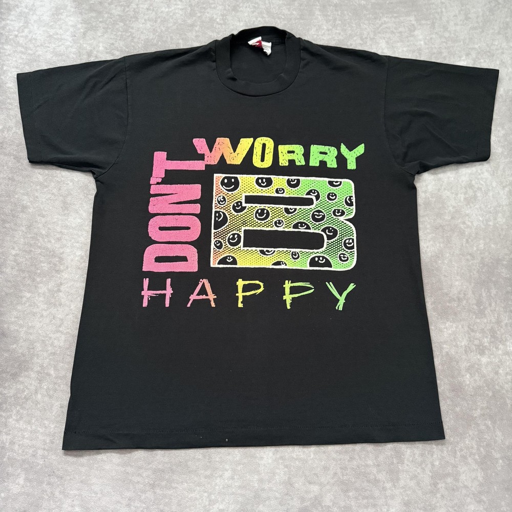 Vintage 90s Don’t Worry Be Happy Shirt Mens L Black Neon Smiley Face