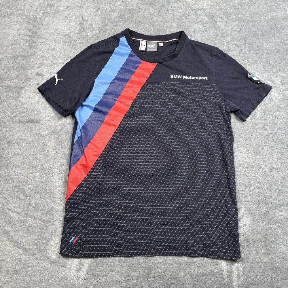 BMW Motorsports x PUMA Striped Racing T-Shirt Navy Blue 100% Cotton Men’s Size M