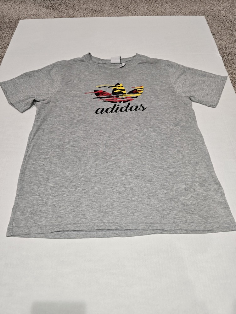 Adidas Mens XL T-Shirt Gray Black Spell Out Graphic Trefoil Logo Performance Tee