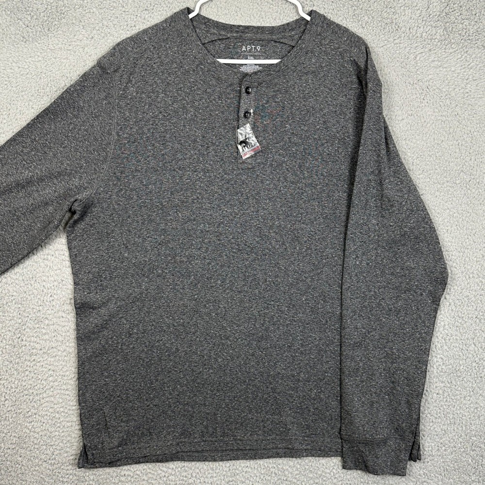 NEW APT.9 Premier Flex Mens 2XL T-Shirt Henley Gray Knit Long Sleeve Lightweight