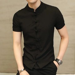 Summer Thin Pure Color Men’s Shirt Collar Button up Short Sleeve Slim Fit Casual