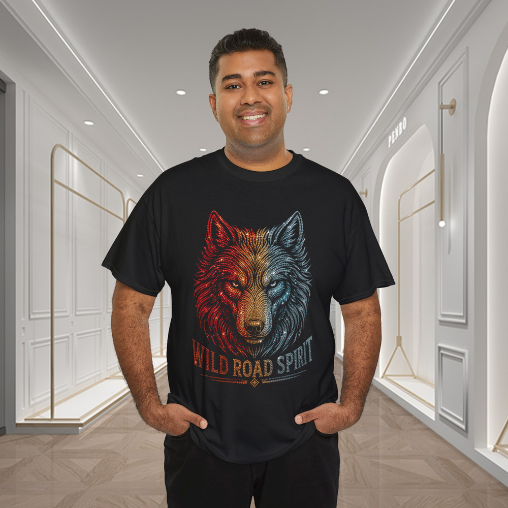 Wolf Wild Road Spirit Biker Graphic T-Shirt ( No Rhinestone )