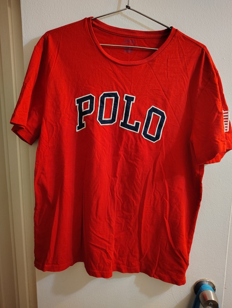 Polo Ralph Lauren Polo Spellout Embroidered USA Flag T-Shirt Red – Men’s Large
