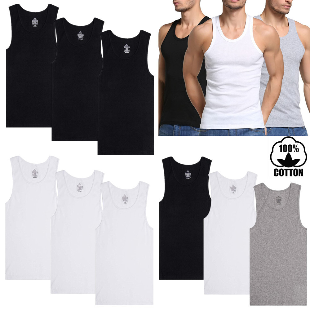 Men Cotton Tank Top Wife-Beater A-Shirt Regular Undershirt Ribbed White Black
