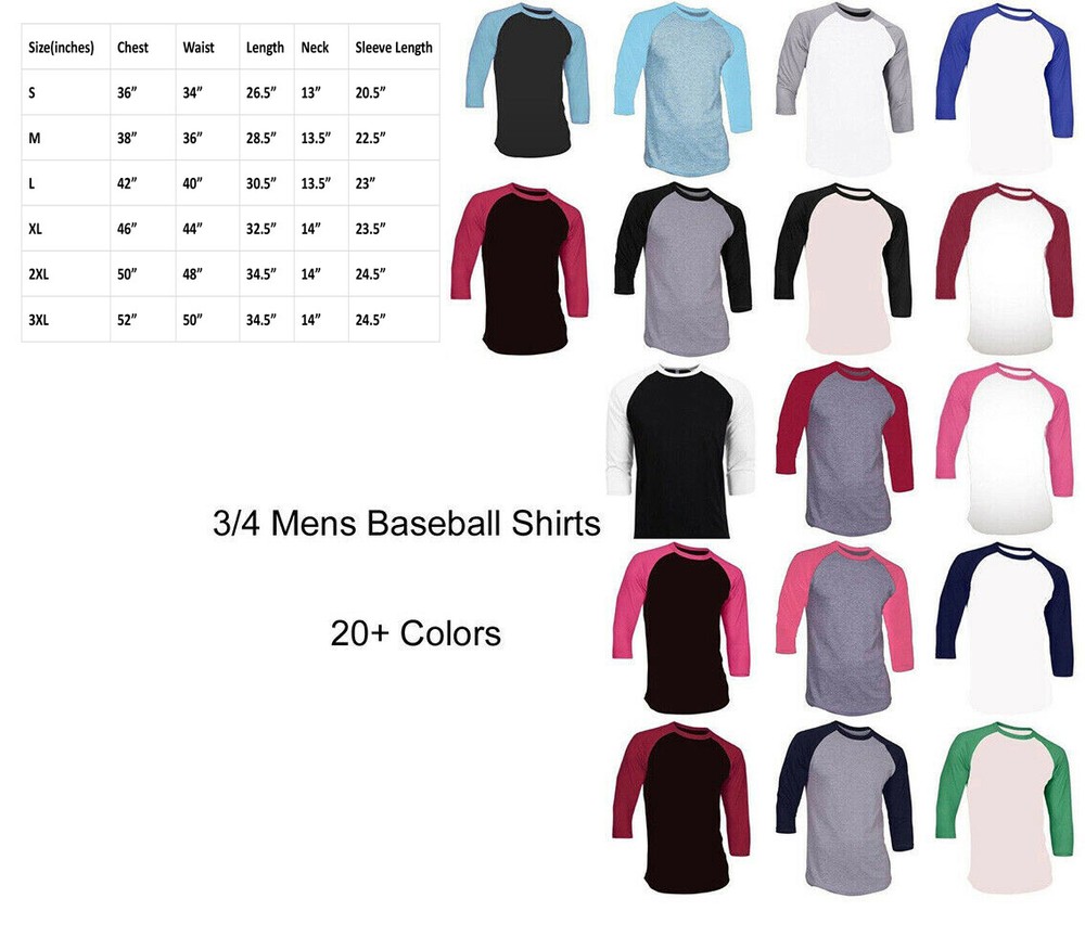 Mens 3/4 Sleeve Baseball Shirts Raglan Cotton Plain Jersey Team Sports T-Shirt